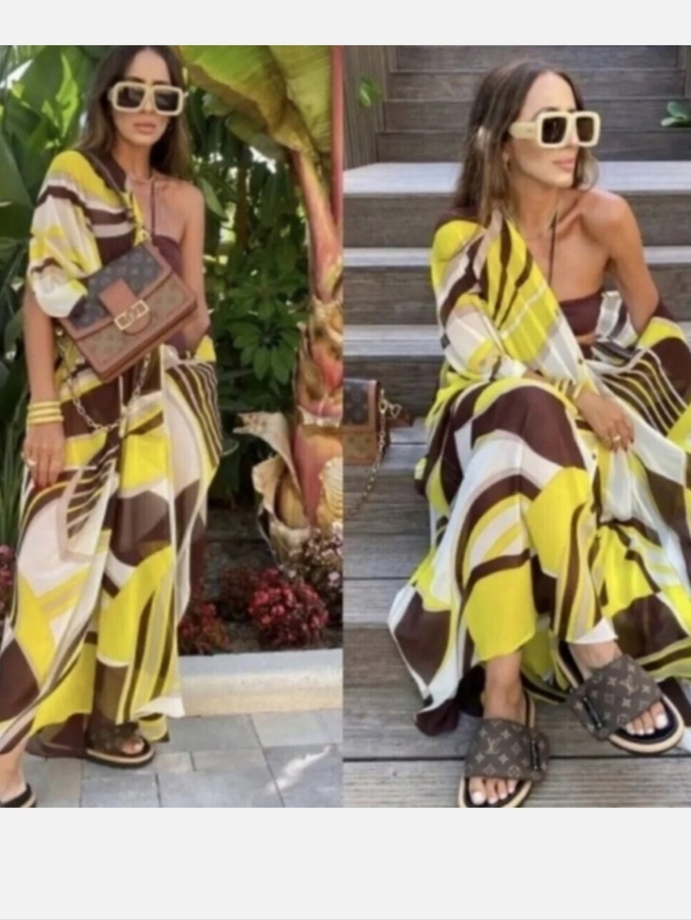 NEW Zara 70s Retro Print Yellow & Brown Abstract Caftan Kaftan Button Down M